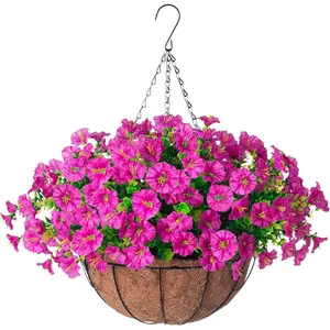 19.49-inch artificial fake hanging flower plant basket is used for outdoor spring decoration. The artificial silk is a simulation of real silk and is UV-resistant. It is suitable for home porch, terrace, balcony, and garden decoration.