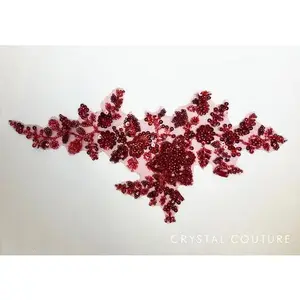 Red Embroidered Beaded Floral Applique with Sequins