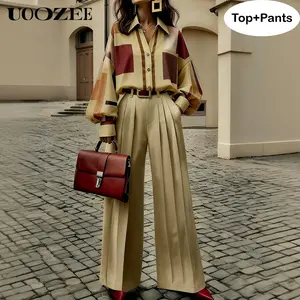 UOOZEE Women's Polyester 2-Piece Set - Chic Vintage English Contrast Plaid Lapel Oversized Long Puff Sleeve Drape Blouse with Buttons & Wide Leg Pants, Smooth No-Belt Outfit for Office, Street Style (Pair with Earrings, Turtleneck, Light Accessories)
