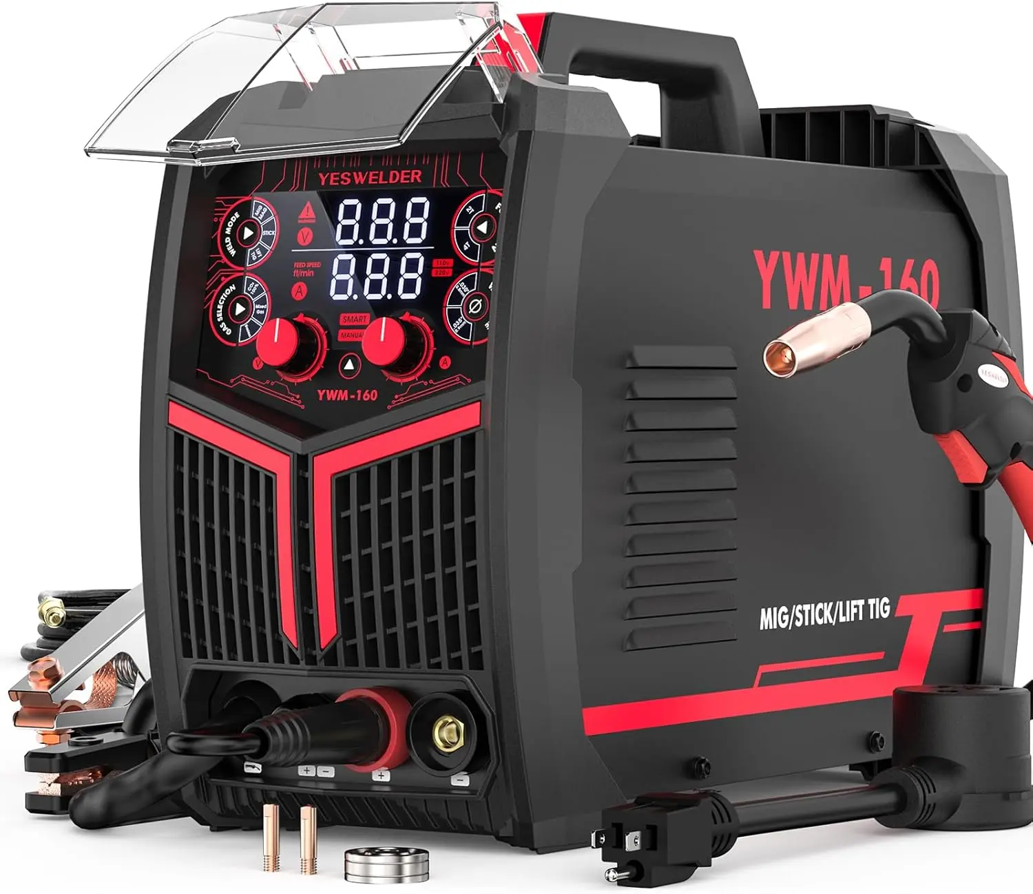 YESWELDER YWM-160 Gas Gasless MIG Welder 160Amp | 110/220V Dual Volts, Smart MIG Function, Digital Display | Gas/Flux Core/Lift TIG/Stick 4