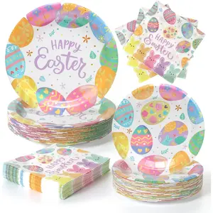 Easter Paper Plates and Napkins - 150Pcs Colorful Easte Egg Dessert Plates and Napkins Disposable Round Plates Happy Easter Party Supplies Decorations Favors Table Decor