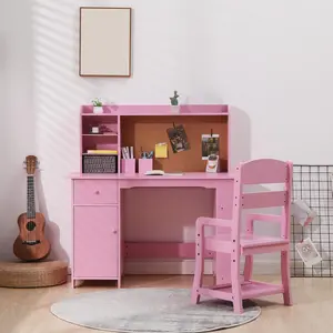 Garvee Children's Study Desk and Chair Set, Wooden Writing Table with Bookshelf, Bulletin Board, Cabinet, and Drawer, Suitable for Ages 3 to 8 Years