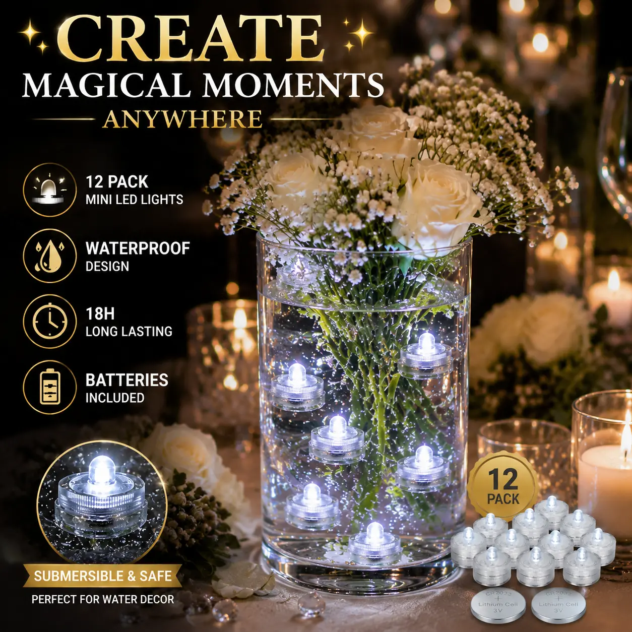 12-Pack LED Submersible Lights, Waterproof Mini Tealight Candles, Battery-Operated Floating Lights for Wedding, Vase Decor