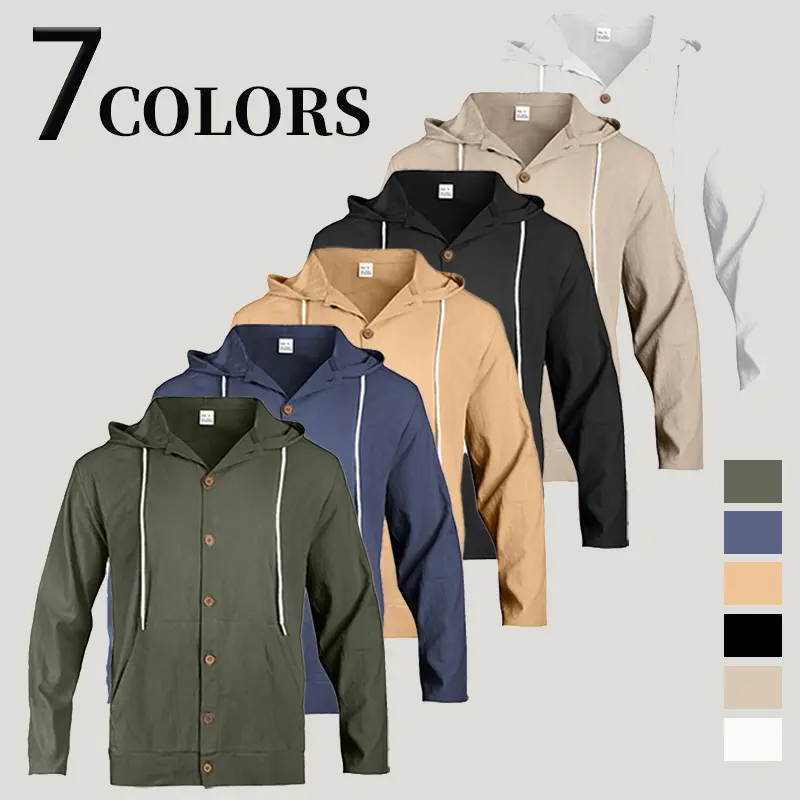 Men’s spring/autumn transitional linen hooded jacket with linen texture, button front, drawstring pockets; lightweight casual outerwear for everyday wear—minimalist vacation streetwear jacket