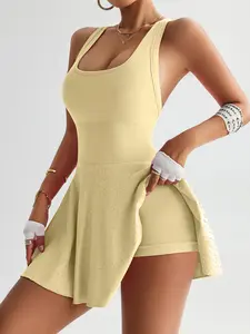 Women’s seamless crisscross back high-waist cinched tennis dress with jacquard trim lining and anti-exposure design—fitness yoga athletic casual dress