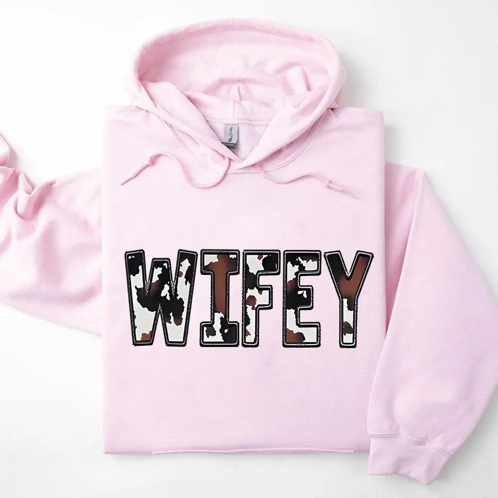 Wifey Cow Print Hoodie Western Wife Pullover Hoodie, Country Girl Cowhide Oversized Hoodie, Farm Wife Rustic Boho Rodeo Outfit, Gift for Wife Women Bridal Her