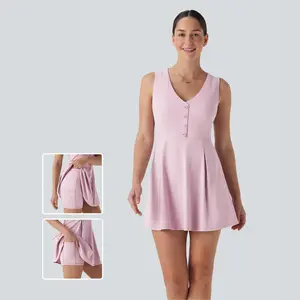 Halara V Neck Sleeveless Decorative Buttons 2-Piece Mini Casual Dress with Pocket