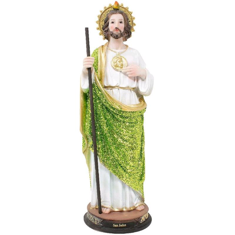 San Judas 12" Estatua con Brillo - Detailed Figure with Green Sparkling Robe and Gold Accents St Jude Religious Decor Tadeo