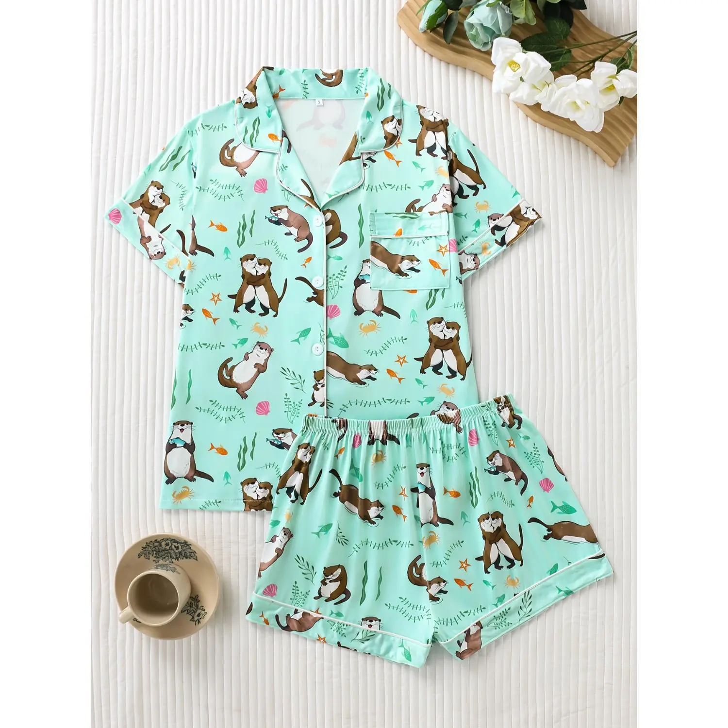 2pcs Cute Otter Ocean Print Women's Pajama Set with Button-Up Short-Sleeve Top and Relaxed Fit Shorts