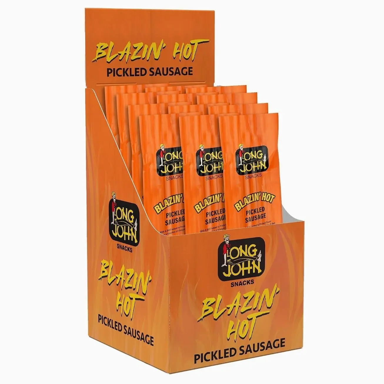 Long John Snacks Blazin' Hot Pickled Sausage - Smoked Gourmet Meat Stick - Hot Pickled Sausages High Protein Snack - Premium USA Pork and Beef Sticks - Low Carb, Gluten-Free, Keto - 12 Pack