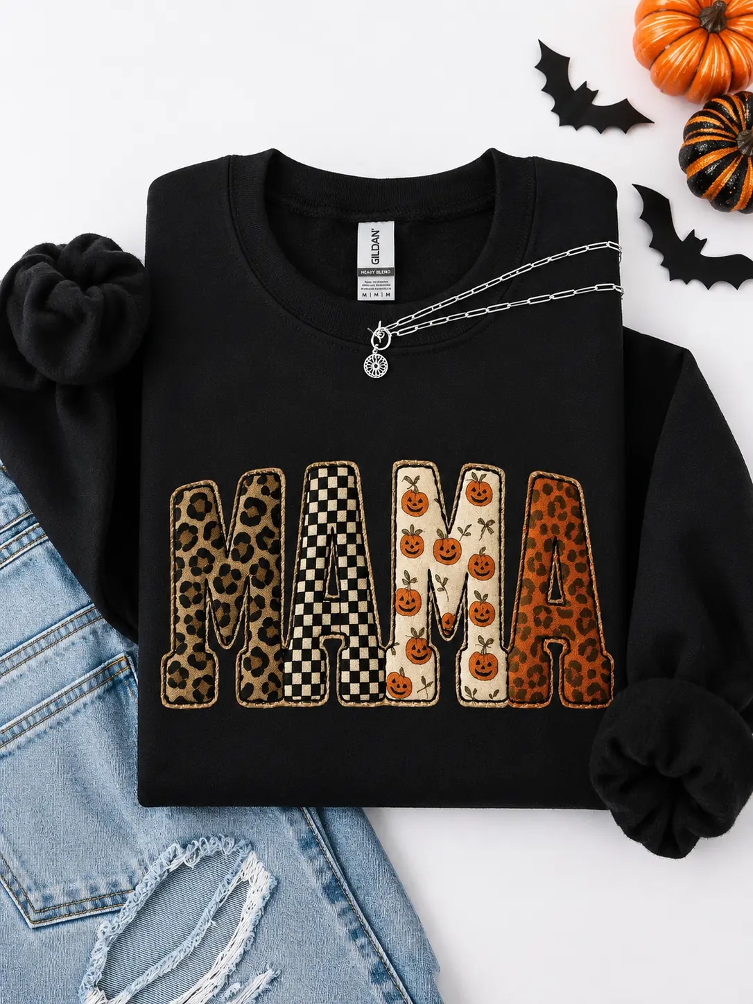 ( FAUX PATCHWORK-PRINT ) Mama, Halloween Pattern, Leopard Print, Checkered, Pumpkin Sweatshirt, Spooky, Witch, Pumpkin, Halloween, Crew Neck, Women's, Crewneck