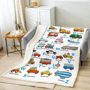 Feelyou Cozy Throw Blanket - 30"x40" Soft Fleece Fluffy Blanket with Vibrant Cartoon Bus, Train, Construction Excavator, ABC Alphabet Print for Car, Bedroom, Soft Fleece Blanket