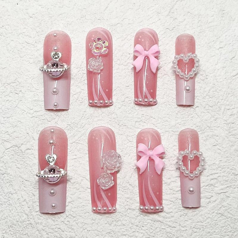 24pcs Long Square Press on Nails French Tip Fake Nails 3D Bow Heart Pearls Planet Charms Rhinestones Designs Acrylic Nails Glossy Pink Full Cover Glue on Nails for Women Girls Manicure Decoration
