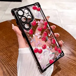 Cherry Sweet Pattern Phone Case Compatible with Samsung Galaxy S23 Ultra S24 Plus S25 S22+ FE Edge Four Corners Air Cushion Anti-drop Silicone Shockproof Cellphone Cover