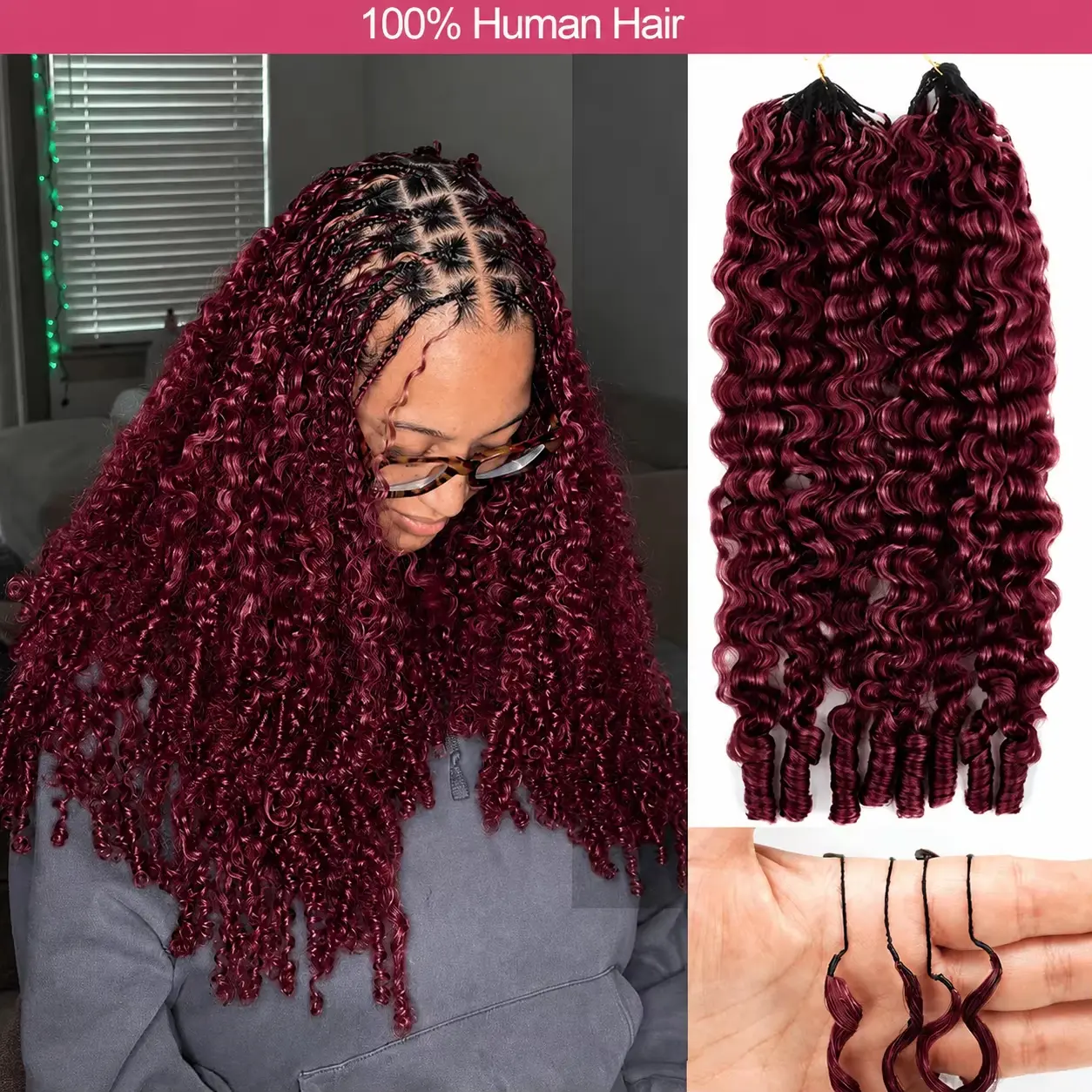 Bling Hair Burmese Curly Feather Crochet Human Hair Extensions 99J Burgundy Red Pre-Separated Knotless Full Volume Crochet Hair Feather Light for Miracle Knots Seamless Blend Beginner Friendly Boho Braids Style