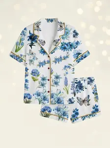 Luxury Silk Blue Lily Pajama Set with Gold Piping | Premium Floral Sleepwear Gift for Her, Birthday, Anniversary & Bridal Party Pyjamas