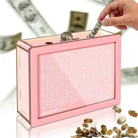 KKC 10000 Savings Challenge Wooden Coin Bank Cash Vault - Engraved Targets, Number Grid, Wooden Decor with Purpose, Kakeibo Counter, Office/Gift Stationery Money Storage Box, Christmas Gift for Kids