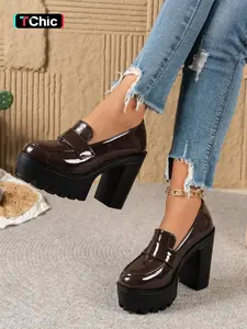 Trendy Y2K Women Platform Loafers Patent Leather Chunky Heel Slip On Closed Toe Fashion Footwear