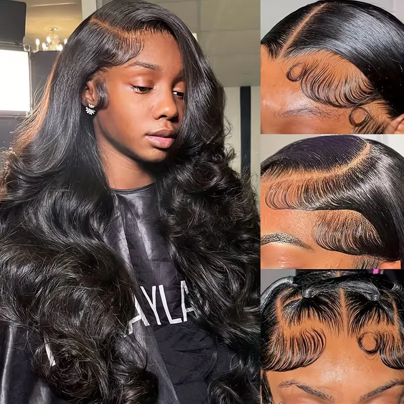 Women's 28" Glueless Frontal Synthetic Lace Front Wig - 13x4 HD Transparent Lace Closure, 250% Density Natural Black Bodywave Wig, Heat Resistant Natural-Looking Wave Print Synthetic Hair, Ideal for Everyday Use, Glueless Wigs