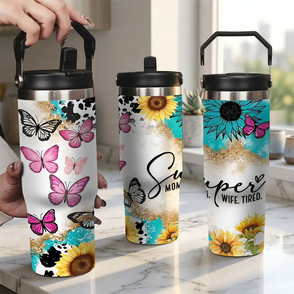 Sunflower Butterfly Skinny Tumbler, Gold Glitter Design Stainless Steel Insulated Travel Cup, Super Mom Wife Tired Coffee Tumbler Mug with Splash Proof Lid & Straw, Birthday Mother's Day Gifts for Mom