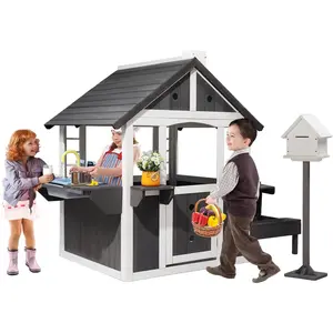 JOYMOR Kids Outdoor Playhouse - Wooden - Cottage with Sink Toys, Picnic Table Set, Mailbox, Flowerpot Holders, Kids Wooden Playground for Age 3-8 DIY Backyard