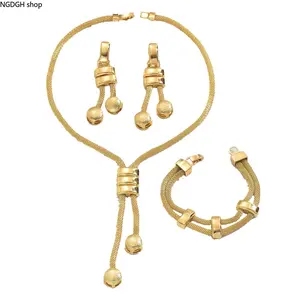 Gold Mesh Ball Jewelry Set - Trendy 3-Piece Lariat Necklace Earrings Bracelet with Textured Gold Mesh Chain & Dangling Ball Accents, Lightweight Hypoallergenic Adjustable Design, Perfect for Daily Office Date Night Party & Elegant Layering Looks