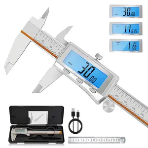 Digital Caliper, 6 Inch Rechargeable Calipers with Backlight LCD Screen, Stainless Steel Caliper Measuring Tool, Auto-Off Micrometer, Inch/MM/Fraction Conversion for Household/ Printing/DIY