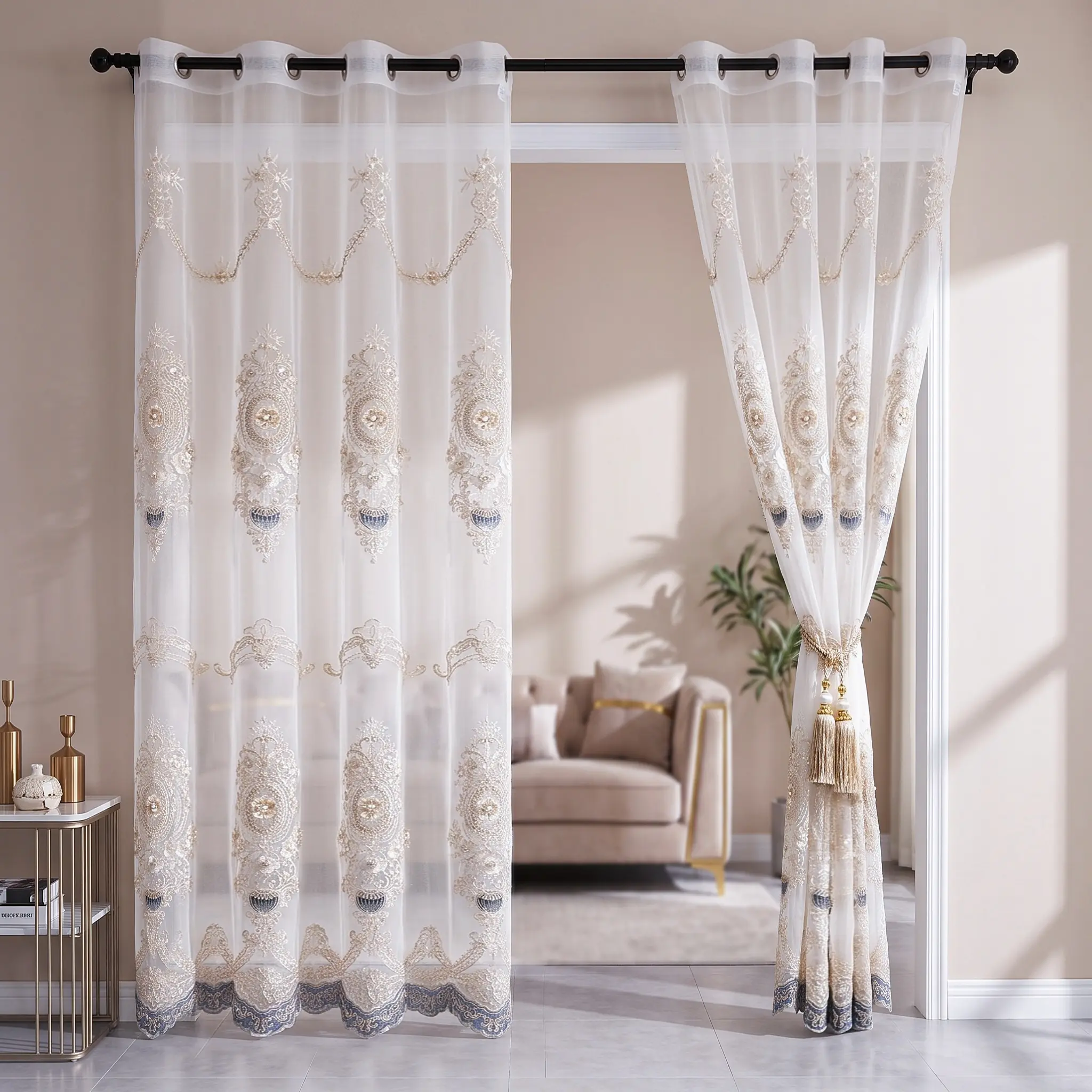 Luxury 2-Panel Embroidered Flower Grommet Curtains, 52x90 in Wedding Fabric with Flocking, Sheer Privacy-Enhancing Lightweight Home Indoor Drapes, Premium for Bedrooms Living Rooms QF78