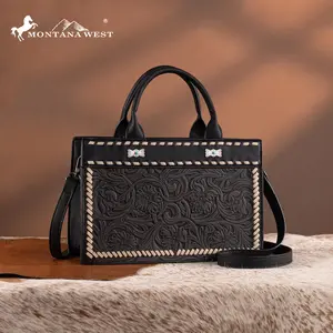 Montana West Floral Tooled Tote Bag - Boho Crossbody Bag with Whipstitch Detail & Mariposa Concho - PU Leather Women's Tote Bag for Work & Commute Casual Trendy Purse