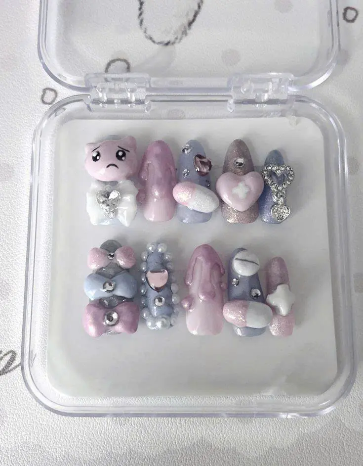Pastel Y2K Press On Nails, Purple Pink Gray 3D Kawaii Nail Art, Cute Character Charm False Nails, Glitter Bow Pearl Heart Nail Design | Reusable Fake Nails