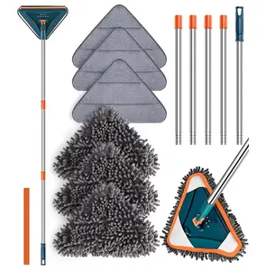 Long Handle Wall Cleaner Adjustable Length Wall Mop 360° Spinning HeadFloor Wall Washing Cleaning Tool  for Walls/Dust/Ceiling Fans/Baseboard/Floors, 6 Replacement Microfiber Chenille Pads, Usable Practicable Easy Use Family Need Durability Sturdy