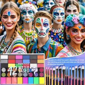 42 Colors Water-Activated DIY Face Paint Set | 14 Professional Brushes + High Saturation, Vibrancy & Shimmering Body Glitter | Non-Toxic & Hypoallergenic for Sensitive Skin | Must-Have for Adults & Kids on Halloween, World Cup & Parties