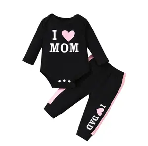 Unisex Baby 2Pcs Outfit, I Love Mom Dad Print Long Sleeve Bodysuit + Pants Set, Soft Cotton Newborn Infant Clothes