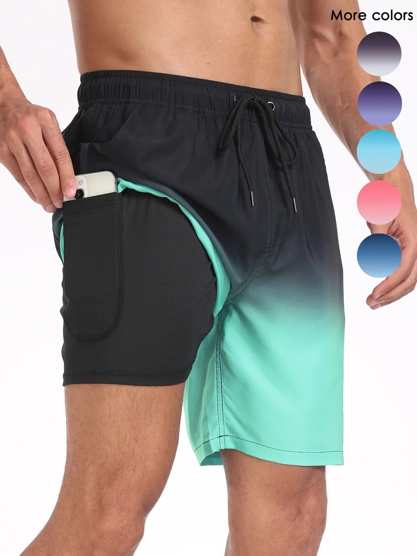 2 in 1 Men's 7 Inch Swim Shorts with Compression Liner, Quick Dry Beach Swimwear with Drawstring & Pockets, One Phone Pocket for Holiday Use, Summer Swim Trunks, Lightweight Beach Trunks, Swimming Trunks