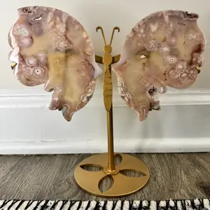 The Ophelia Collective Pink Amethyst & Flower Agate Butterfly Wing Set Custom Gold Stand Soft Pastel Patterning Transformation Energy Sculptural Art