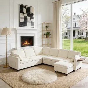 116" Modular Sectional Sleeper Sofa with Pull Out Bed, 7-Seater U Shaped Sectional Couches with Ottoman, Charging Port & Foldable Side Table, Comfy Chenille Modular Cloud Sofa for Living Room