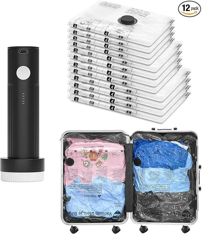 Vacuum Storage Bags Set with Electric Pump, Space Saving Travel Compression Bags for Clothes, Luggage, Bedding & Blankets 12 Pack