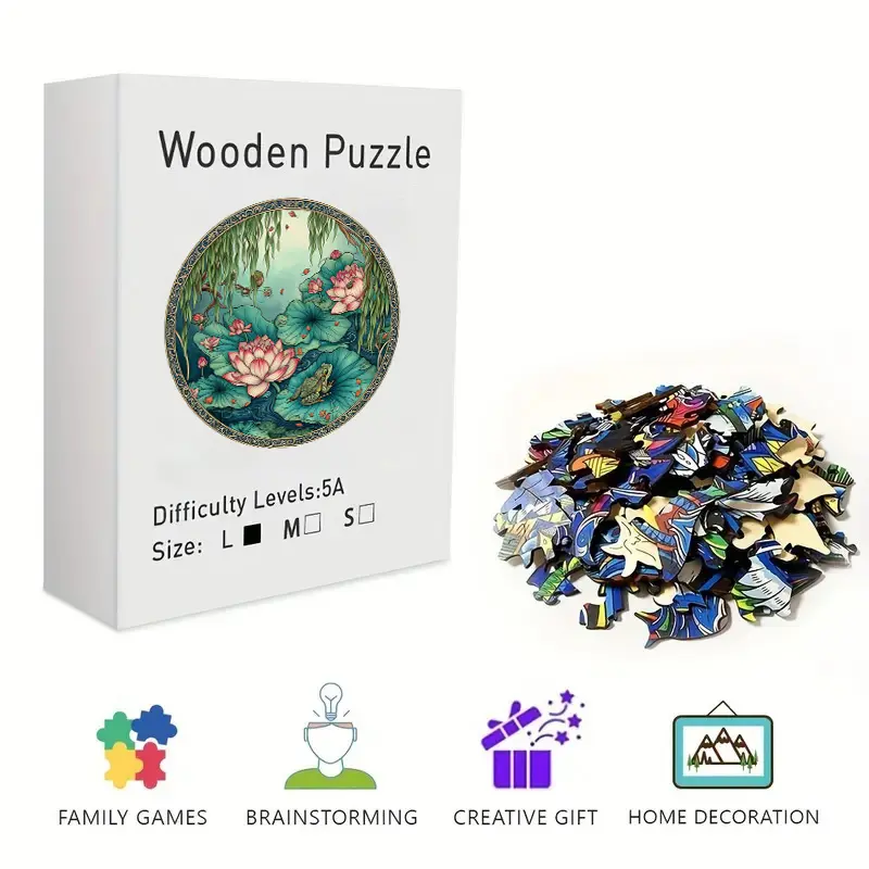 Wooden Jigsaw Puzzle - Unique Irregular Round Lotus Pond Frog Art Puzzle for Adults, Challenging Brain Teaser with Observation Focus, Artistic Decor for Home Wall & Desk, Stress Relief Activity, Wooden Pieces