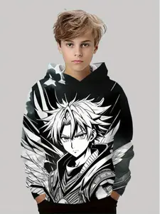 Boys' Anime Graphic Team Hoodie, Lightweight Polyester Pullover, Dynamic Character Design, Perfect Gift for Anime Fans, Casual Wear, Fall & Winter
