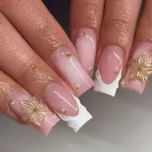 24pcs Medium-Length Square Tip Nails, High Transparency, Nude Gradient, Floral, Flowers, Gold Beads, Easy Wear, Korean Style, Nail Tips, Clear Nail Tips, DIY Nails Art