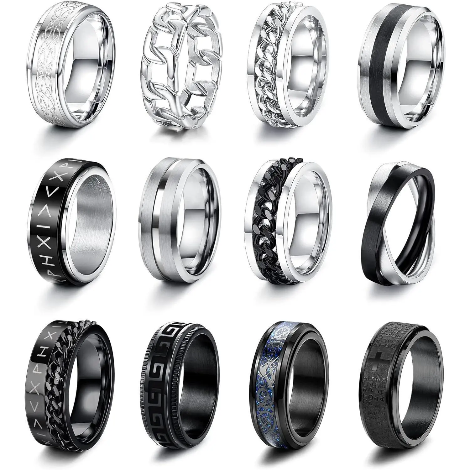 FLORIDECO 12PCS Unisex Stainless Steel Stress Stackable Band Rings - Handmade Jewelry with Chain Motif Fidget Spinning Chain, Anxiety Aid, Simple Design, Daily Wear Accessory, Stress Rings, Stackable Ring,summerwins