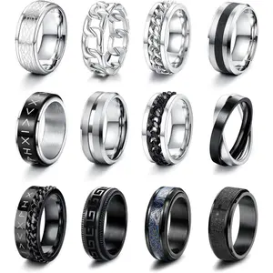 Florideco 12PCS Stainless Steel Band Rings for Men & Women - Fidget Spinning Chain, Anxiety Relief, Fashion Simple Wedding Engagement, Black Ring Set Handmade Jewelry