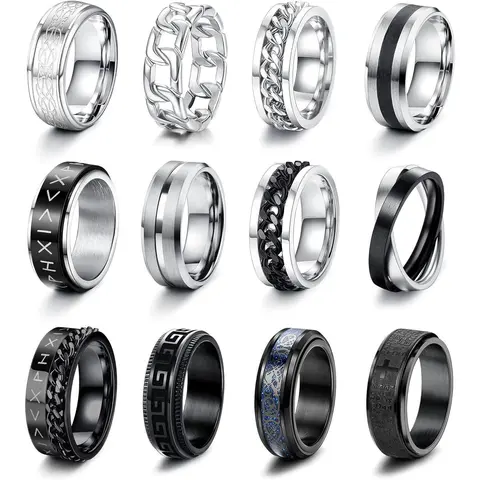 FLORIDECO 12PCS Unisex Stainless Steel Stress Rings - Handmade Stackable Chain Motif Fidget Spinning Band Jewelry, Tension & Anxiety Aid, Fashion Simple Design, Daily Wear Accessory, Sizes 7-13