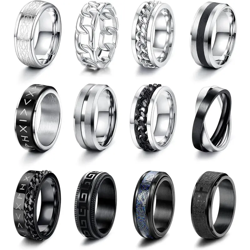 FLORIDECO 12PCS Unisex Stainless Steel Stress Rings - Handmade Stackable Chain Motif Fidget Spinning Band Jewelry, Anxiety Tension Aid, Simple Fashion Daily Wear Accessory, Sizes 7-13, Stackable Ring