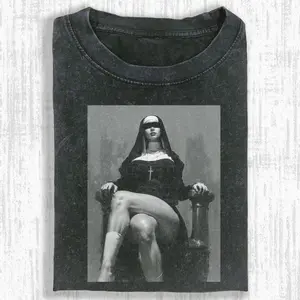 SATANIC NUNS Vintage Washed Crew Neck Tee Heavyweight(280g) Regular Fit Casual Comfort Breathable Short Sleeve Funny T-shirts for Summer Fashion Men&Women's Top for Daily Wear 06201