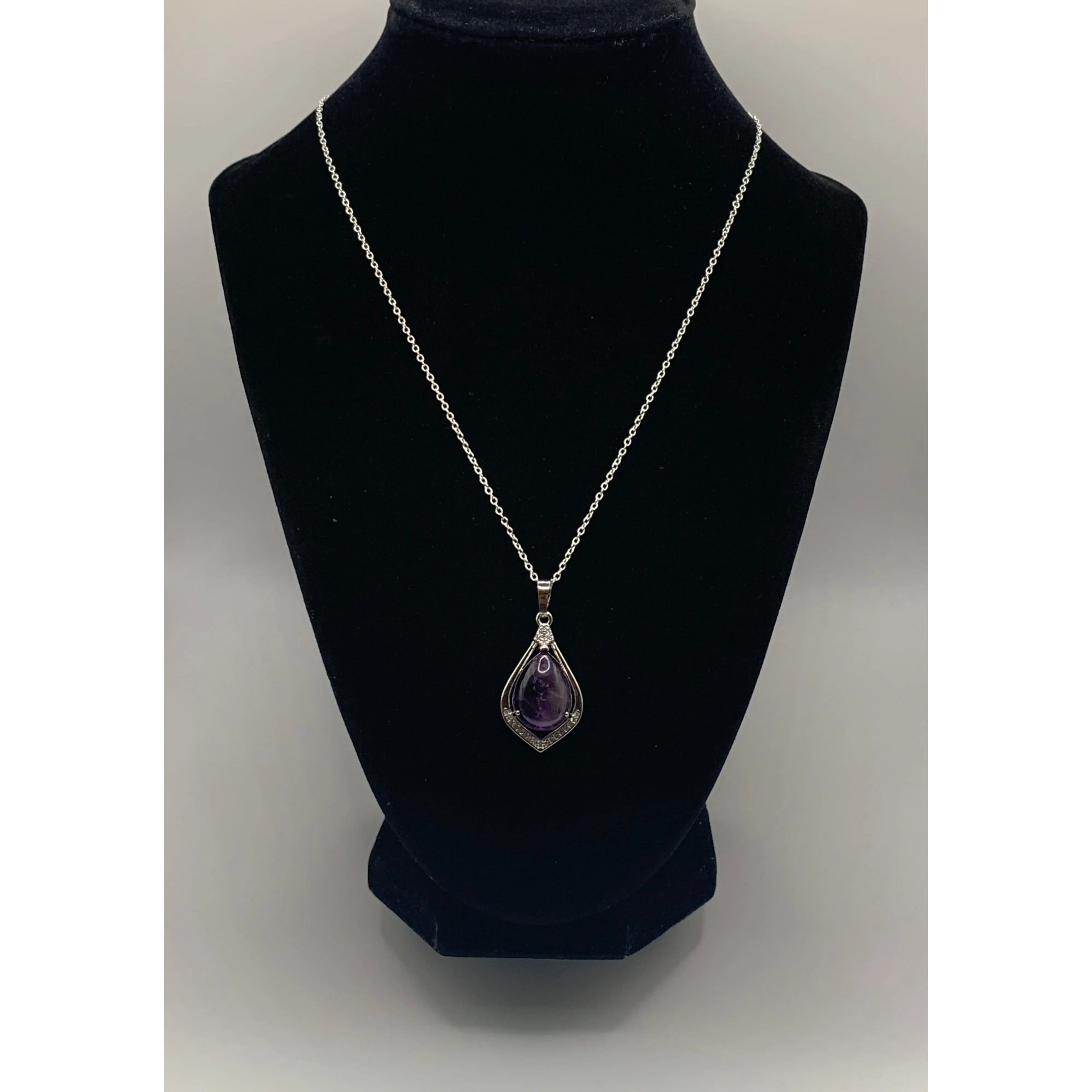 Natural Amethyst Pendant Necklace, Silver Rhinestone Gemstone Necklace, Calming, Healing