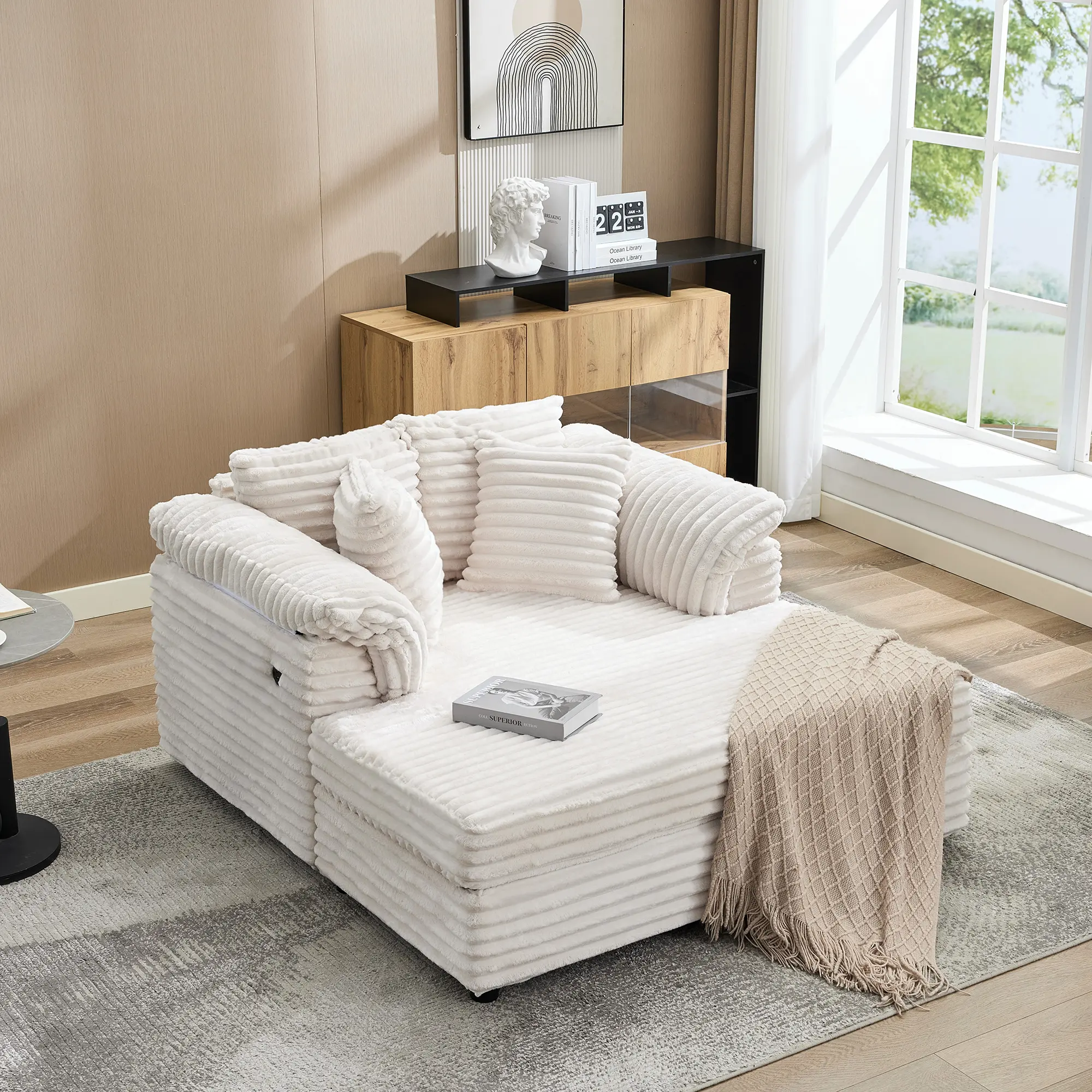 Oversized Chaise Lounge Sofa Bed – 60" Wide Indoor Sleeper Couch with Armrests, Throw Pillows & Charging Port – Comfortable Upholstered Living Room or Bedroom Sofa, Beige