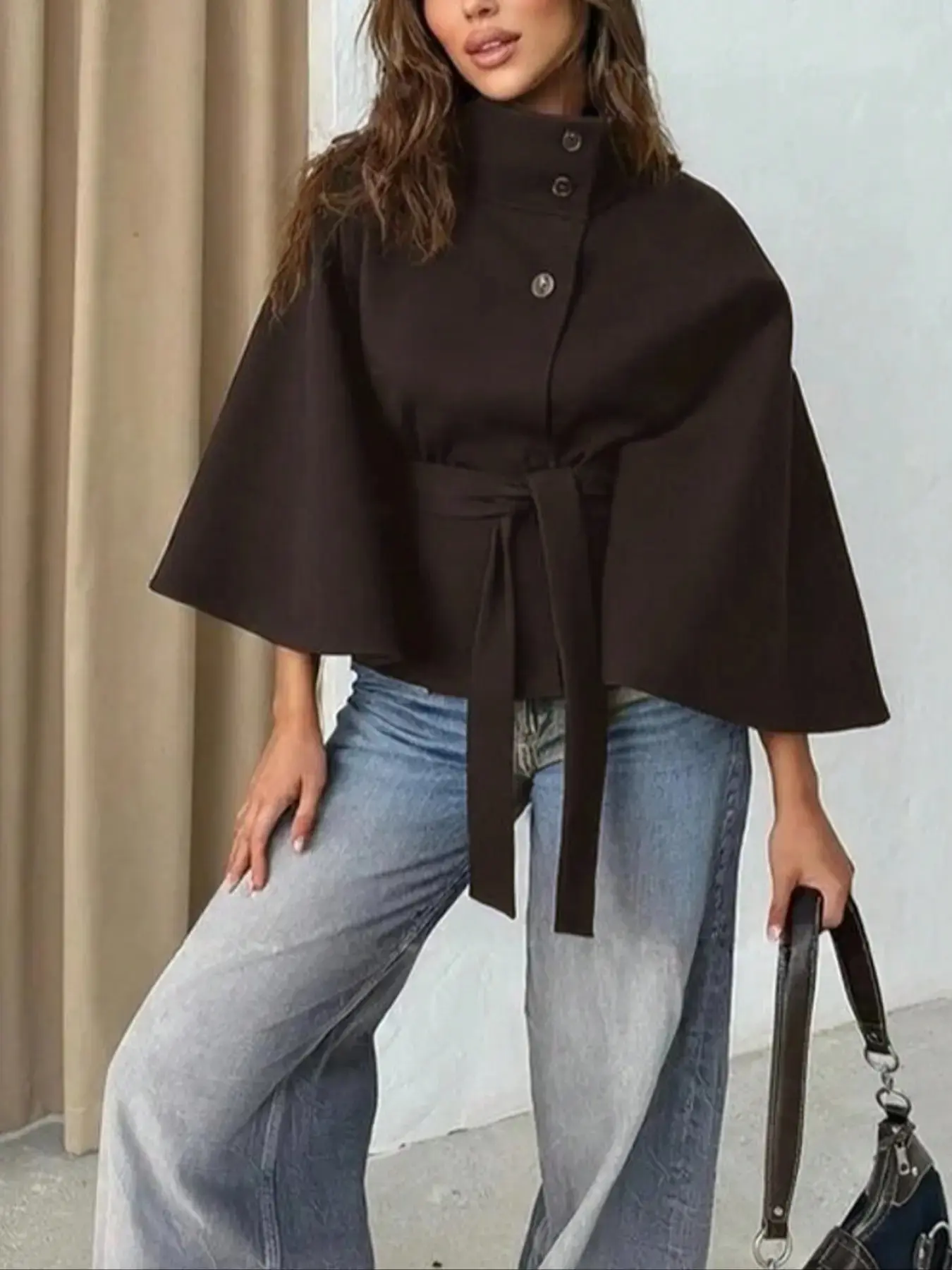 Women's Plain Front Buckle Belted Woolen Cape Coat Casual Fall Winter Outerwear Stylish Daily Wear for Dating Button Closure Longline Overcoat Warm Windproof Wool Blend Capelet for Girls Ladies