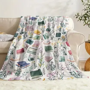 Digital Printed Flannel Blanket with Colorful Book & Wildflower Pattern Soft Warm for Sofa Bed Travel Camping Living Room Office Machine Washable Birthday Gifts reading accessory