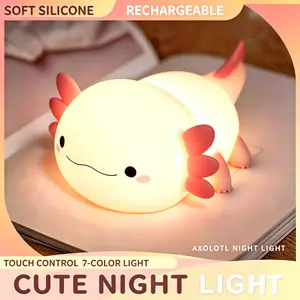 Kawaii Axolotl Silicone Night Light - Dimmable Rechargeable Squishy Touch Lamp, Nursery/Baby Room Decor, Pink Novelty Bedside Light for Kids